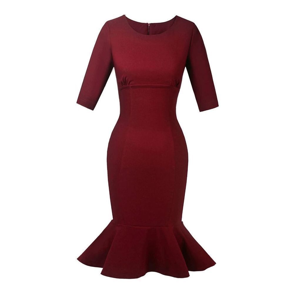 ❤️ Mermaid Retro Vintage Pinup 1950s Classy Half Sleeve Burgundy Dress M NWT